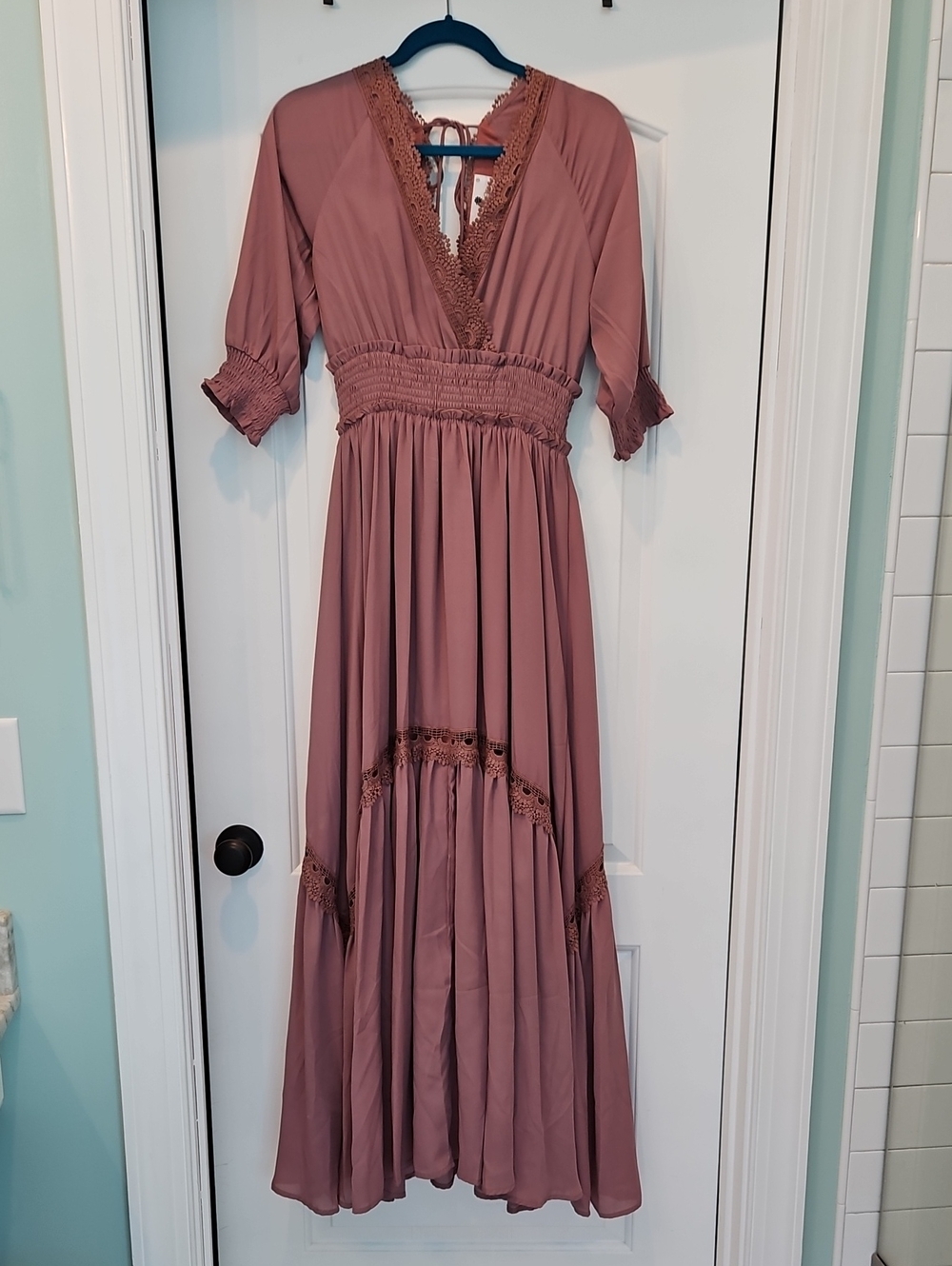 Everyday Chic Boutique Dress- Women's Mauve Lace-Trim Maxi Dress
